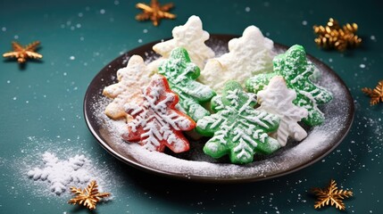 Sticker -  a plate of christmas cookies on a table with snowflakes and starbursts on the side of the plate.  generative ai