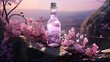  a bottle filled with water sitting on top of a rock next to a tree filled with pink flowers on top of a cliff.  generative ai