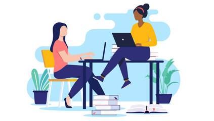 Fototapete - Studying friends - Two female women students working together with schoolwork at desk using laptop computers. Education concept in flat design vector illustration with white background