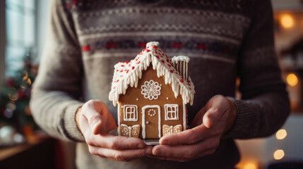 Canvas Print - A person holding a beautifully decorated gingerbread house with intricate icing details, with a festive sweater and soft Christmas lights in the background.