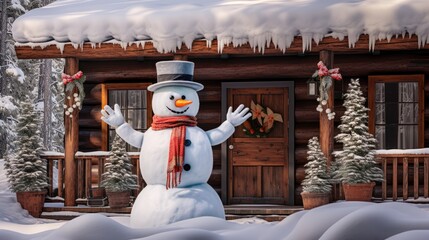 Canvas Print -  a snowman standing in front of a log cabin with a snowman's hat and scarf around his neck.  generative ai