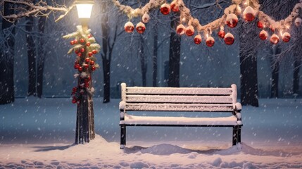 Poster -  a park bench covered in snow next to a light pole with christmas decorations hanging from it and a lite up christmas tree in the background.  generative ai