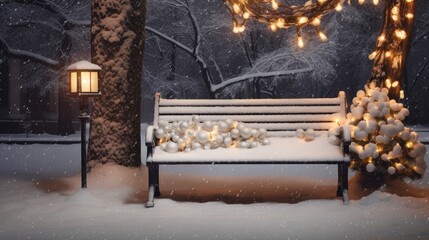 Canvas Print -  a park bench covered in snow next to a tree with a lite - up christmas tree in the background.  generative ai