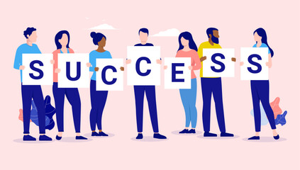 Leinwandbilder - Team success - Group of diverse business people standing and holding letters spelling word. Successful teamwork concept in flat design vector illustration