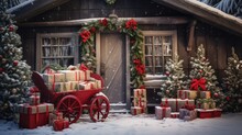 A Christmas Scene Of A Red Wagon With Presents In Front Of A House With A Christmas Tree And Presents In Front Of It.  Generative Ai