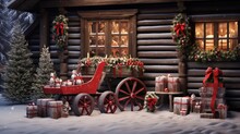  A Christmas Scene With A Sleigh, Presents And A Horse Drawn Carriage In Front Of A Log Cabin.  Generative Ai