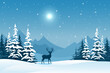 Deer with large antlers in a winter night forest against the backdrop of mountains and a beautiful polar star and starry sky. Design for Christmas or New Year card, banner, poster, cover.
