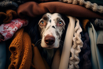 Wall Mural - A dog peeking out from under a pile of sweaters. Generative AI