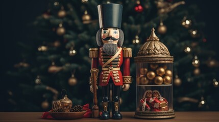 Poster -  a nutcracker next to a christmas tree with a christmas ornament in the shape of a nutcracker.  generative ai