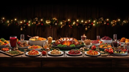 Wall Mural -  a table with a lot of food on it and a garland of lights hanging over the top of the table.  generative ai