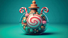 Sweets Set Of Caramel Candies, Lollipops Background. Christmas Set Of Sweets In A Festive Package. Illustration Of 3d Candy, Gum And Lollipops In A Glass Jar. Gifts Candy Banner Vector. Generative Ai