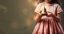 Cropped Shot Of Little Girl Holding Christmas Bell In Her Hand. Holiday Or Christmas In Kindergarten. Copy Space. Banner.