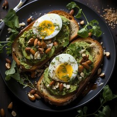 Poster -  a black plate topped with two pieces of bread covered in avocado and an egg on top of it.  generative ai