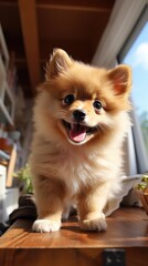  a small brown dog standing on top of a wooden table next to a potted plant in a window sill.  generative ai