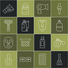 Sticker - Set line Nail polish bottle, Perfume, Hair dryer, Cream or lotion cosmetic tube, Shaving razor, and Epilator icon. Vector