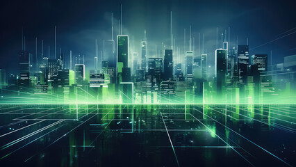 Wall Mural - nighttime urban skyline with illuminated skyscrapers and cityscape. technology in city architecture
