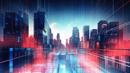 Wall Mural - nighttime urban skyline with illuminated skyscrapers and cityscape. technology in city architecture