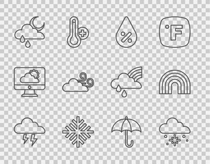 Wall Mural - Set line Storm, Cloud with snow, Water drop percentage, Snowflake, rain and moon, Windy weather, Umbrella and Rainbow icon. Vector