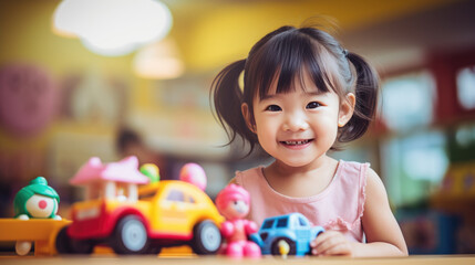 Sticker - Little girl preschooler playing indoors in a child's playroom