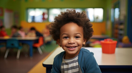 Wall Mural - Little preschooler in the background of a classroom