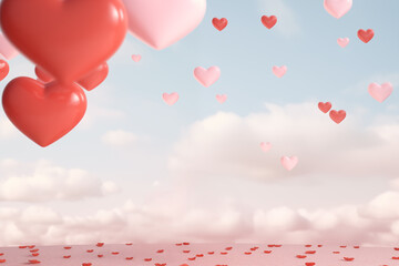 Wall Mural - Valentine's day background with red and pink hearts like balloons on pink background, flat lay