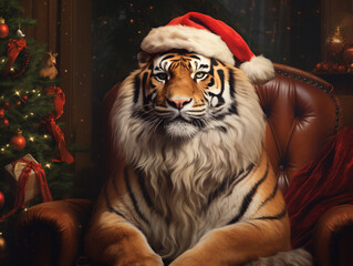 Canvas Print - An Oil Painting Portrait of a Tiger Dressed Like Santa Claus in a Christmas Setting