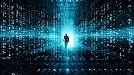 Wall Mural - Blue Technology Circuits Matrix Binary Code Background.  Created With Generative AI.