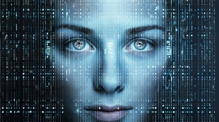 Wall Mural - Woman's Face On A Blue Technology Circuits Matrix Binary Code Background.  Created With Generative AI.