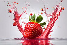 A Full Background Of Big Strawberry Fruit Floating On And Between Strawberry Juice And Pulp Splashes