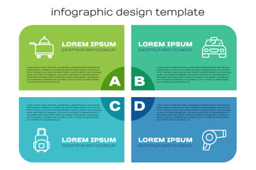 Wall Mural - Set line Suitcase, Covered with tray of food, Hair dryer and Taxi car. Business infographic template. Vector