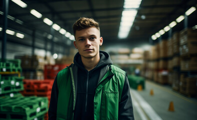 A young man in a warehouse