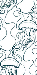 Wall Mural - jellyfish nature wildlife artistic seamless ink vector one line pattern hand drawn