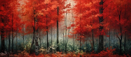 in the background of the forest a beautiful autumn pattern emerges showcasing the vibrant red colors