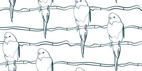 Wall Mural - parrot nature wildlife artistic seamless ink vector one line pattern hand drawn