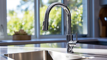 Close Up Stainless Steel Kitchen Sink And Steel Chrome Faucet In Modern Kitchen