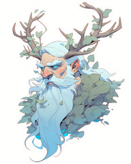 Wall Mural - Old druid with horns and a large beard on a white background.