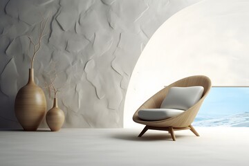 Wall Mural -  design of the room with a chair. modern stone chair and table on a white floor 3D render