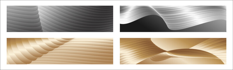 Wavy silver and gold parallel gradient lines, ribbons, silk. Set of 4 backgrounds. Black and white with shades of gray or golden silk. Banner, poster. eps vector