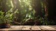©  iiulia - Wooden table against the greenery. AI Generated