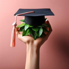 Wall Mural - Hand holding graduate cap on color background. ai generative