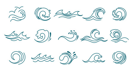Wall Mural - Blue ocean sea waves set. Line icons, logos, vector