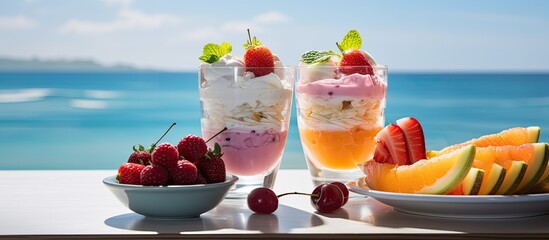 In a white background a summer spread on the table includes healthy food refreshing water and a steaming cup of coffee A glass of cold milk with ice and a colorful cocktail complete the scen