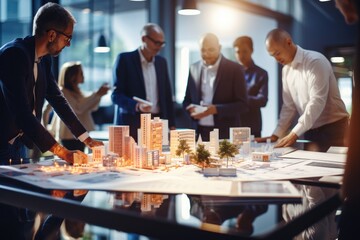 A collaborative office meeting of architects, engineers, and professionals discussing a design and construction project.