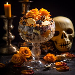 Halloween-themed abs absurdity sundae treat served in a baccarat glass, mixed with gold leaf, diamond dust, and exotic fruits, topped with truffle shavings, silvered almonds, edible flowers, and nuts.