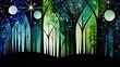 AI-generated illustration of a nighttime forest scene with bare tree trunks and a starry sky. MidJourney.