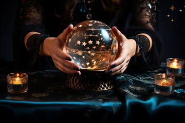 fortune teller holding the crystal magic ball doing an esoteric occult reading