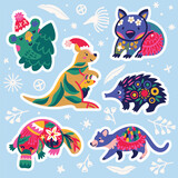 Fototapeta  - Collection of stickers with Christmas Australian animals