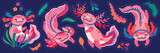 Fototapeta  - Stickers of cute pink cartoon axolotls, amphibian creatures 