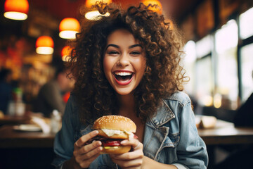 Wall Mural - Portrait of a beautiful woman holding a cheeseburger in a cafe, unhealthy eating habits