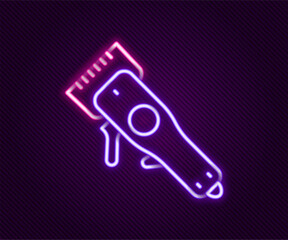 Poster - Glowing neon line Electrical hair clipper or shaver icon isolated on black background. Barbershop symbol. Colorful outline concept. Vector